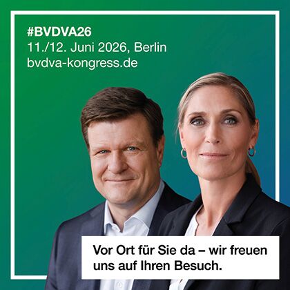 Ankündigung des BVDVA Kongresses am 11. und 12. Juni 2026, bei dem die Geschäftsführenden Stephan Jender und Tanja Bylda als Silber-Sponsor vor Ort sind