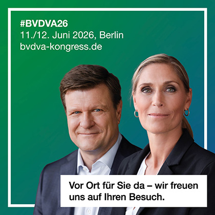 Ankündigung des BVDVA Kongresses am 11. und 12. Juni 2026, bei dem die Geschäftsführenden Stephan Jender und Tanja Bylda als Silber-Sponsor vor Ort sind
